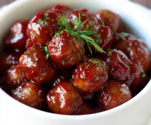 Delicious homemade crockpot cranberry meatballs served with fresh herbs and a shiny glaze.