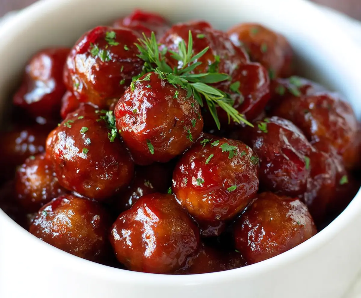 Delicious homemade crockpot cranberry meatballs served with fresh herbs and a shiny glaze.