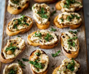 Delicious crostini topped with creamy white bean spread and fresh herbs, perfect for appetizers.