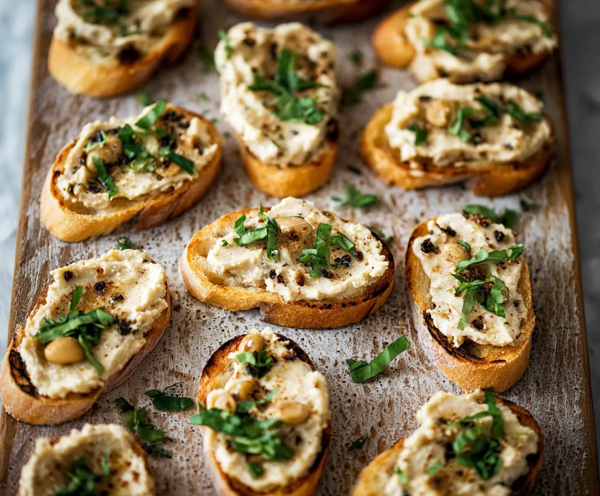 Delicious crostini topped with creamy white bean spread and fresh herbs, perfect for appetizers.