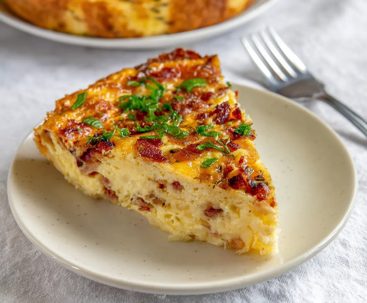 Delicious crustless bacon and cheese quiche served on a white plate, perfect for breakfast or brunch.