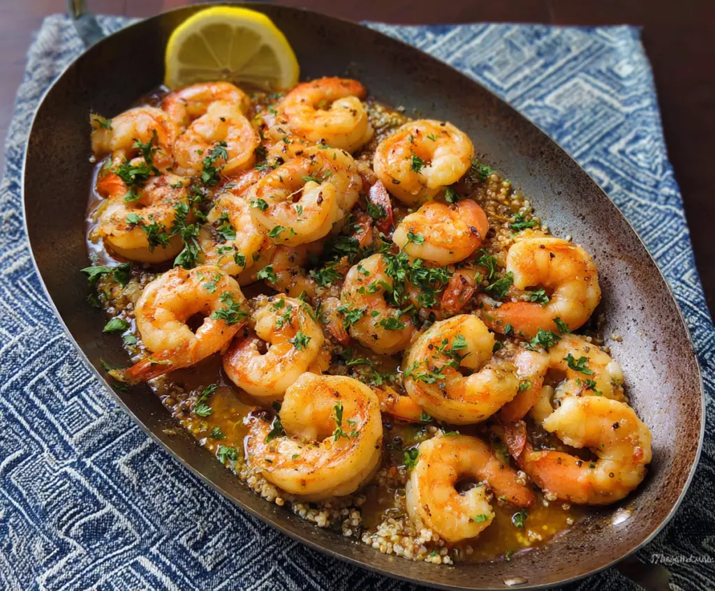Plate of flavorful Cuban Mojo Shrimp garnished with fresh herbs, served with lime wedges.