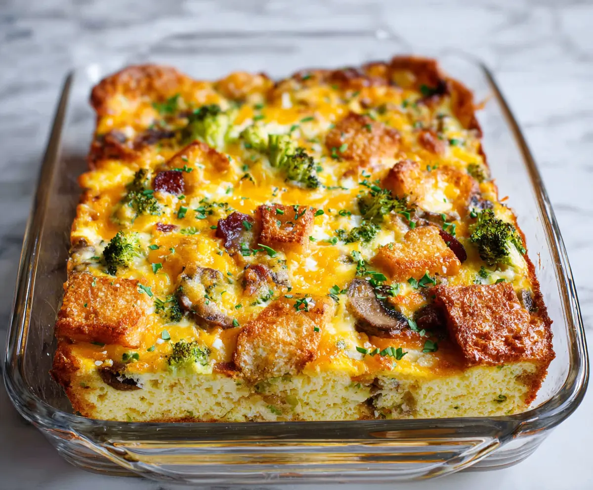 Delicious egg breakfast casserole with cheese and vegetables, perfect for a hearty morning meal.