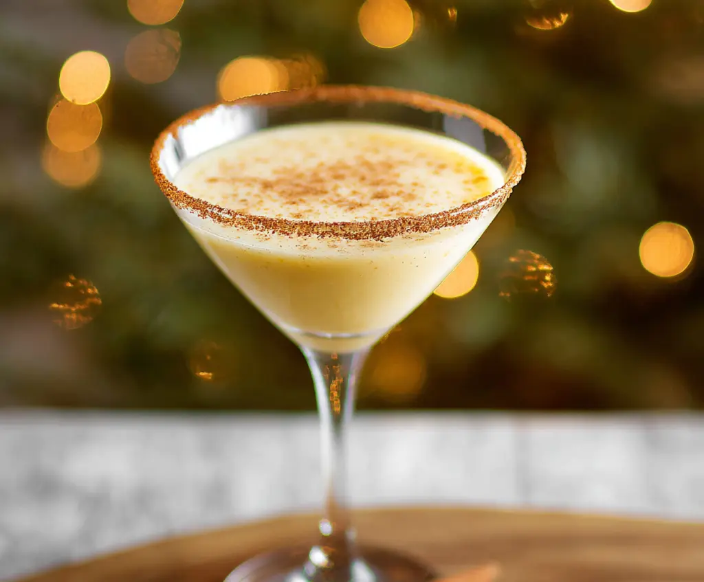 Creamy Eggnog Martini in a elegant glass garnished with cinnamon and nutmeg for a festive holiday cocktail.