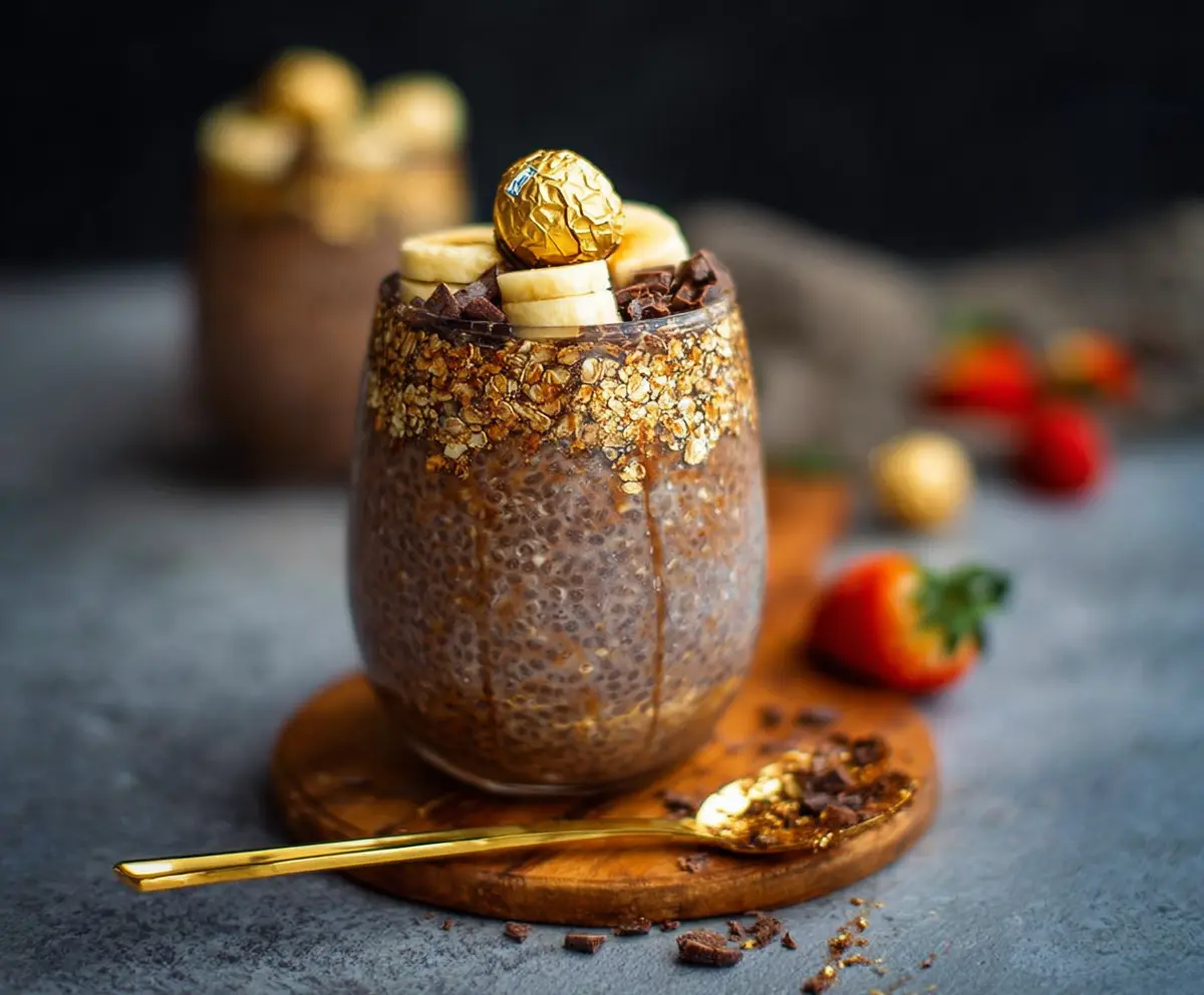 Delicious Ferrero Rocher Overnight Oats with chocolate and hazelnuts in a jar