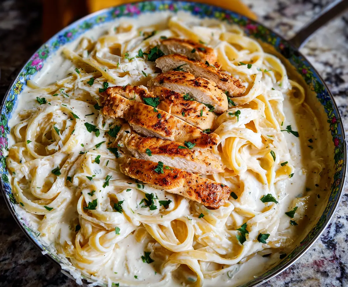 Creamy Fettuccine Alfredo with tender chicken strips, perfect for a comforting Italian dinner.