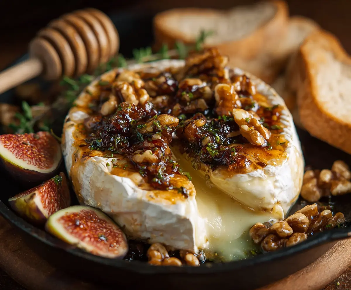 Delicious Fig Walnut Baked Brie served on a rustic platter, perfect for appetizer gatherings.