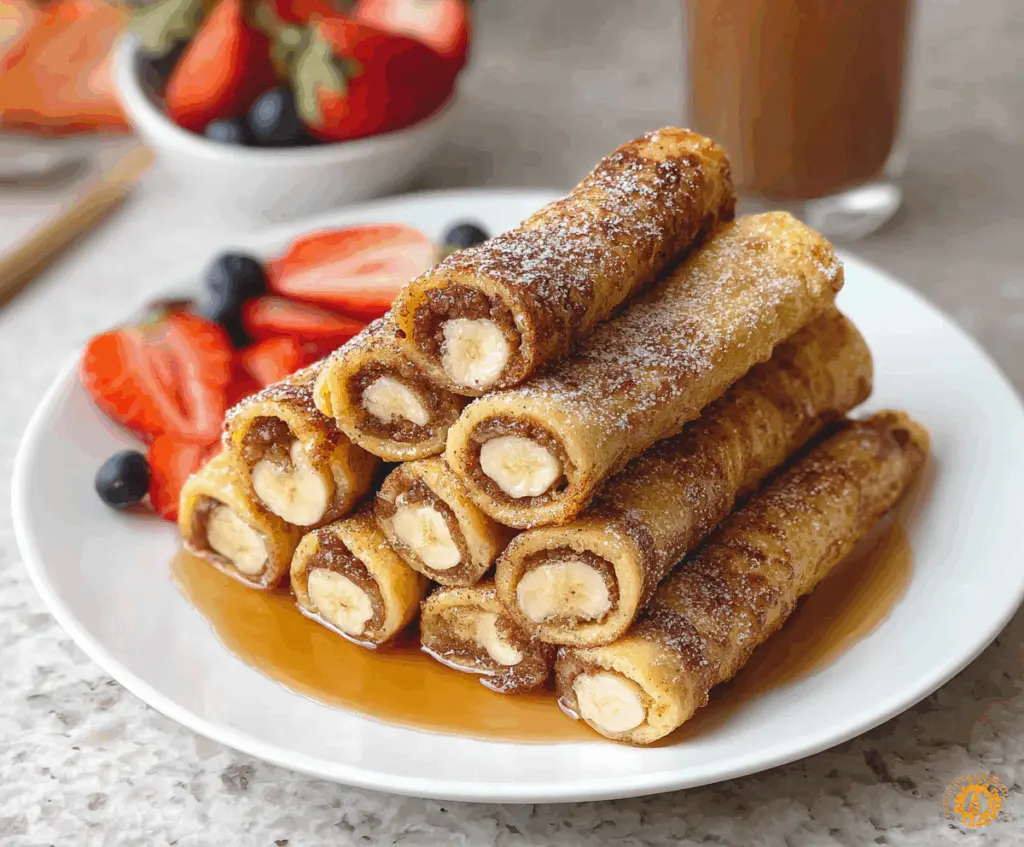 Delicious French Toast Roll Ups filled with sweet cream cheese and topped with powdered sugar.