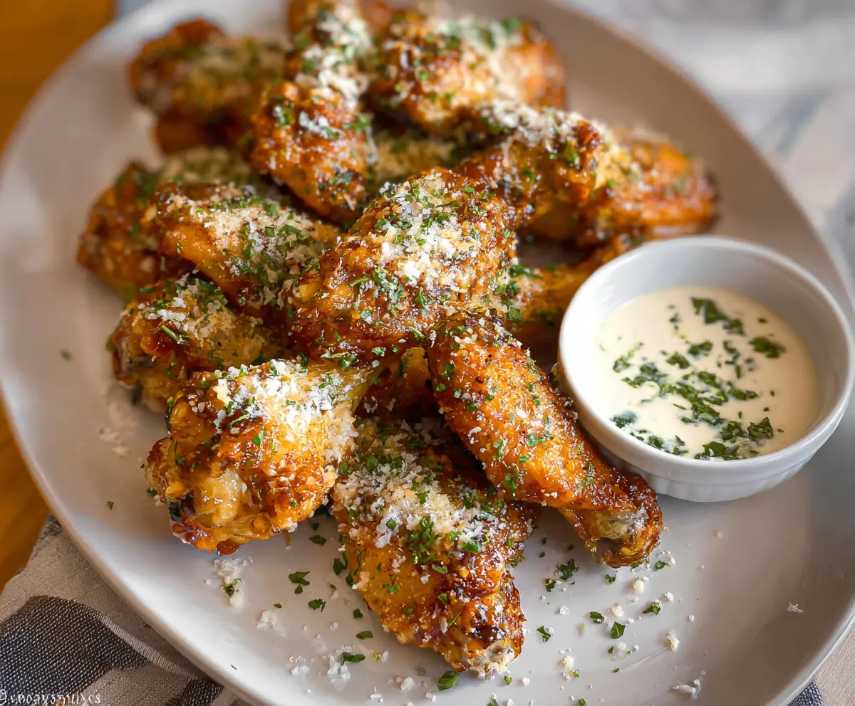 Crispy Garlic Parmesan Wings served with fresh herbs and a side of dipping sauce.