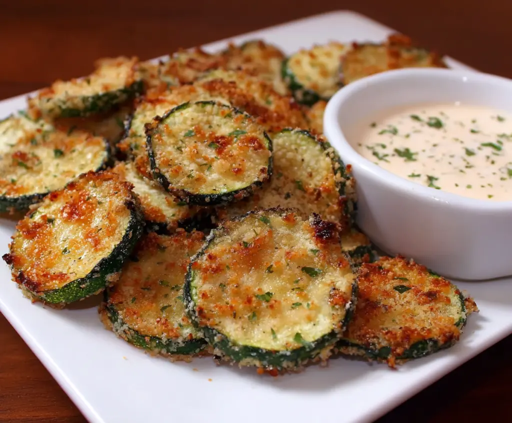 Crispy garlic parmesan zucchini chips served as a healthy snack