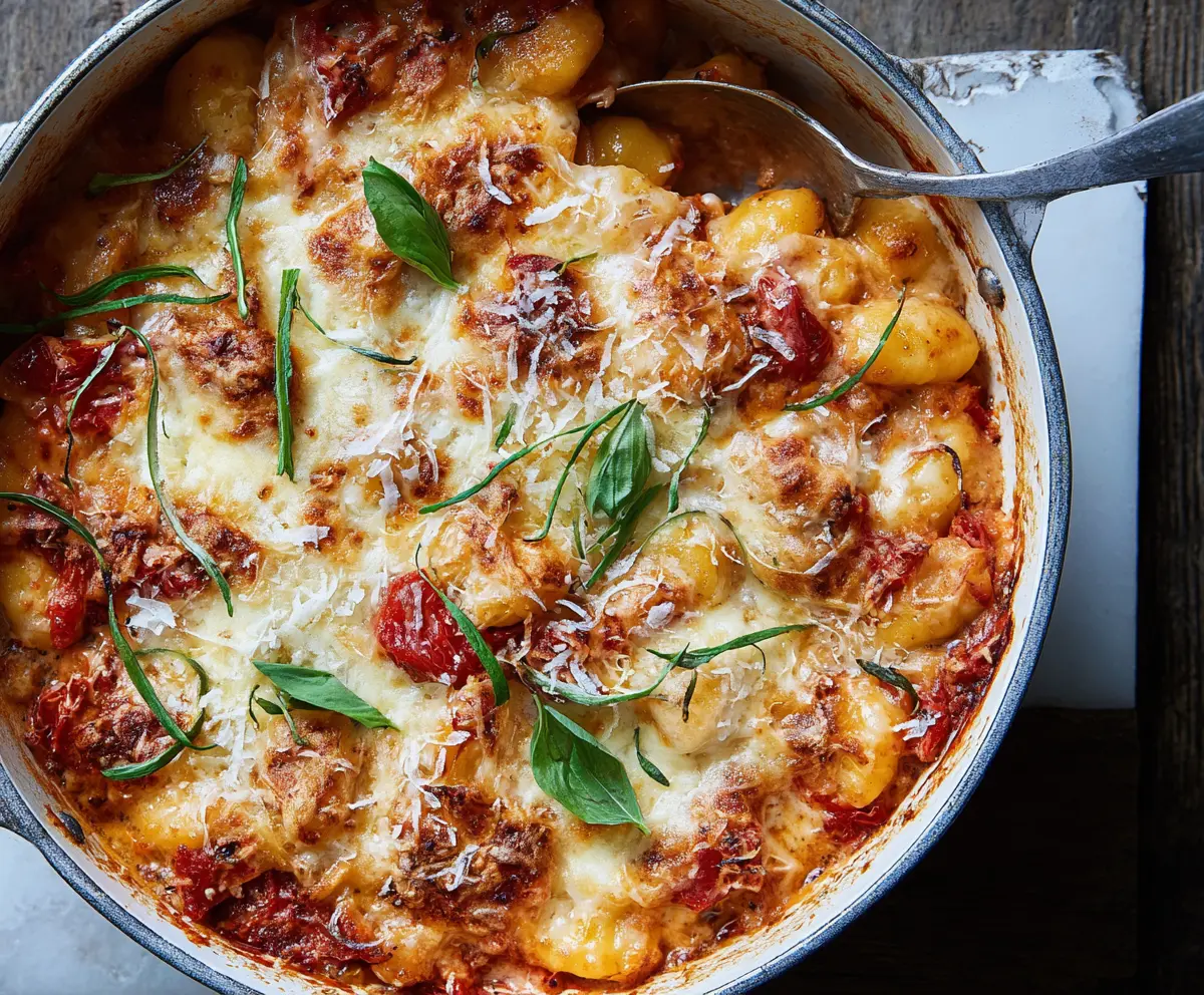 Baked gnocchi pasta dish with melted cheese and fresh herbs, served hot.