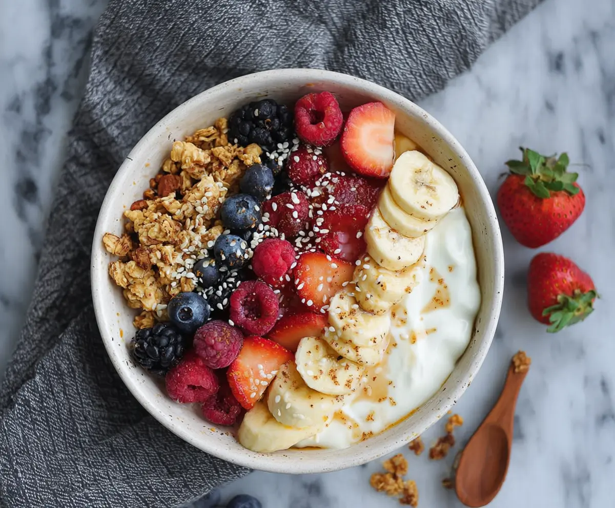 Healthy Greek Yogurt Protein Bowl topped with fresh berries and granola for a nutritious breakfast