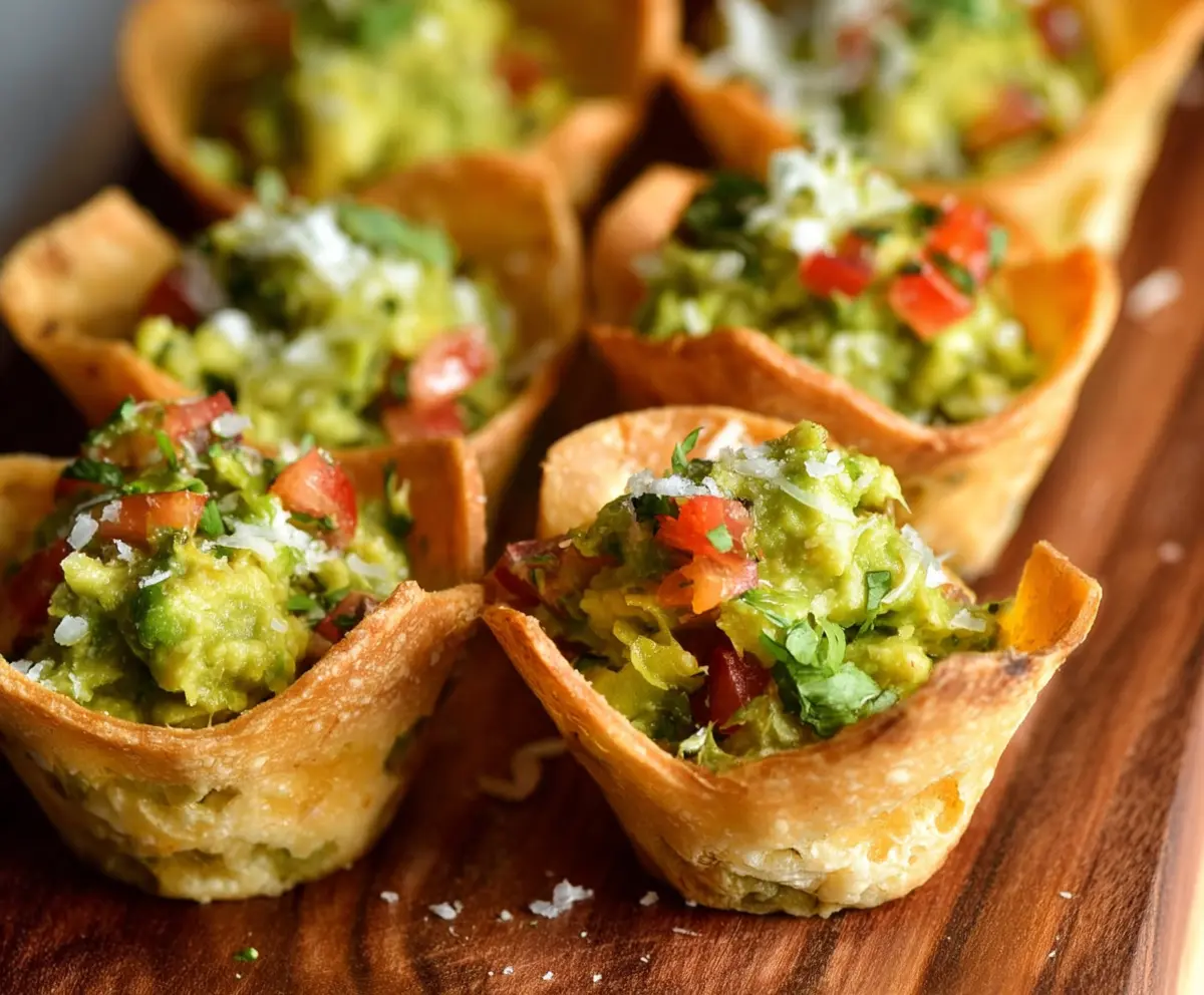 Creamy guacamole served in crispy cup-shaped tortilla chips, perfect for appetizers and snacks.