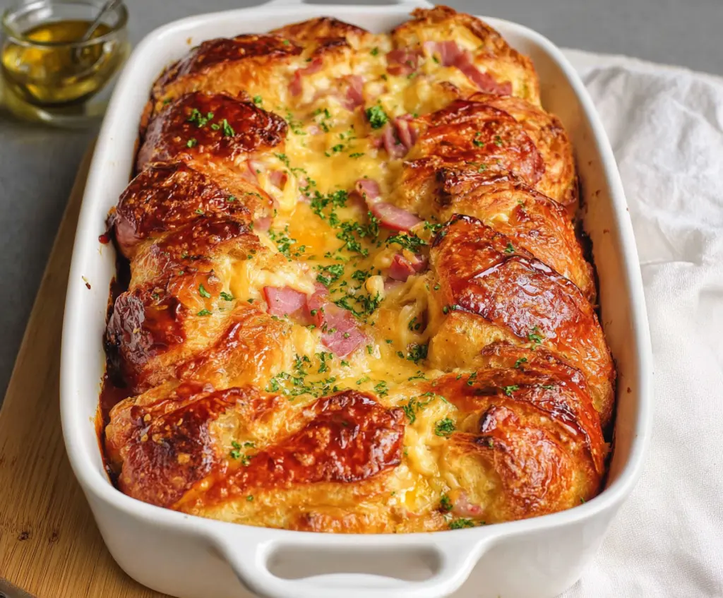 Delicious Ham and Cheese Croissant Casserole baked to perfection with melted cheese and flaky croissants.