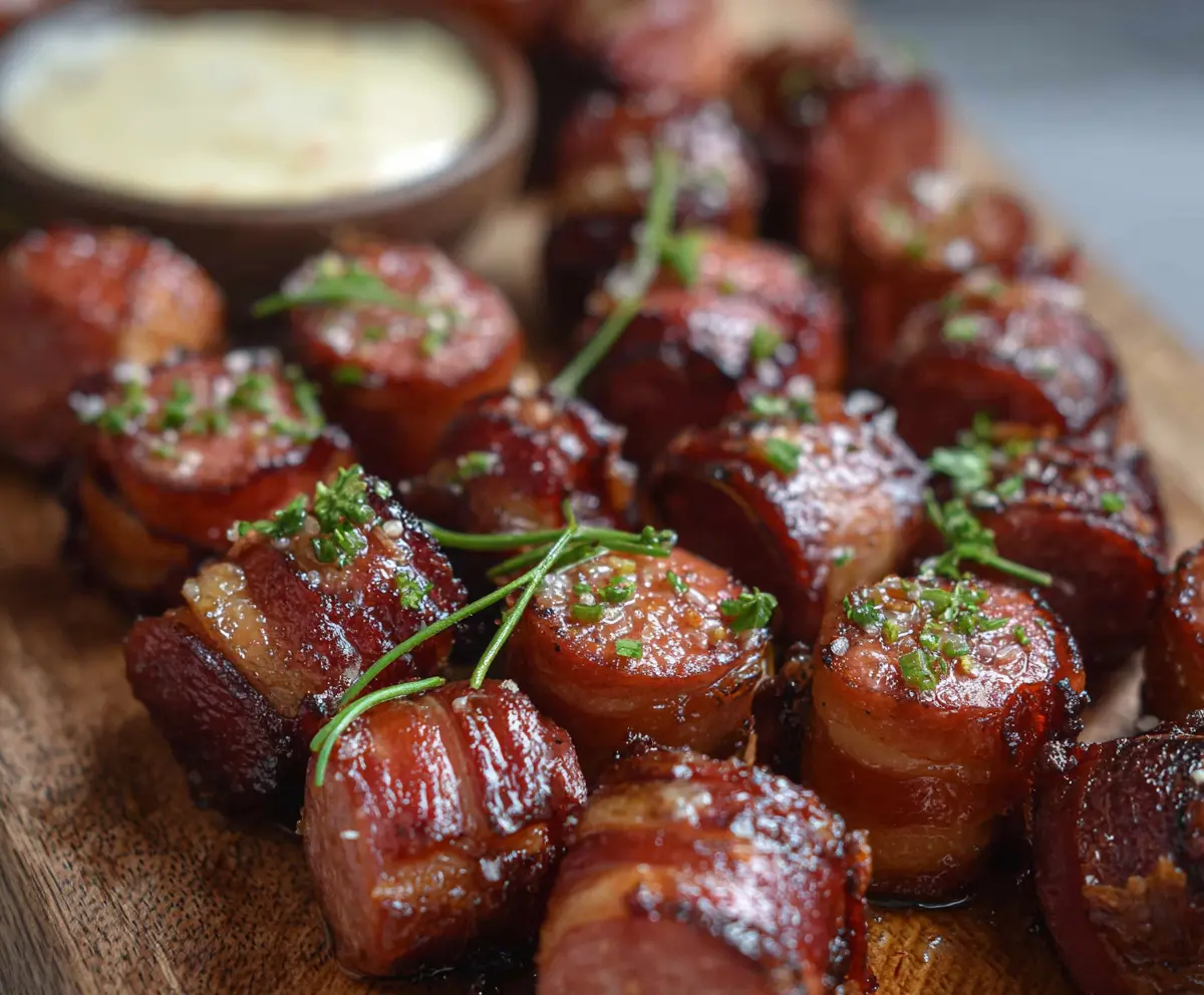 Hasselback Kielbasa Bites served on a platter with dipping sauce, crispy and flavorful appetizer.