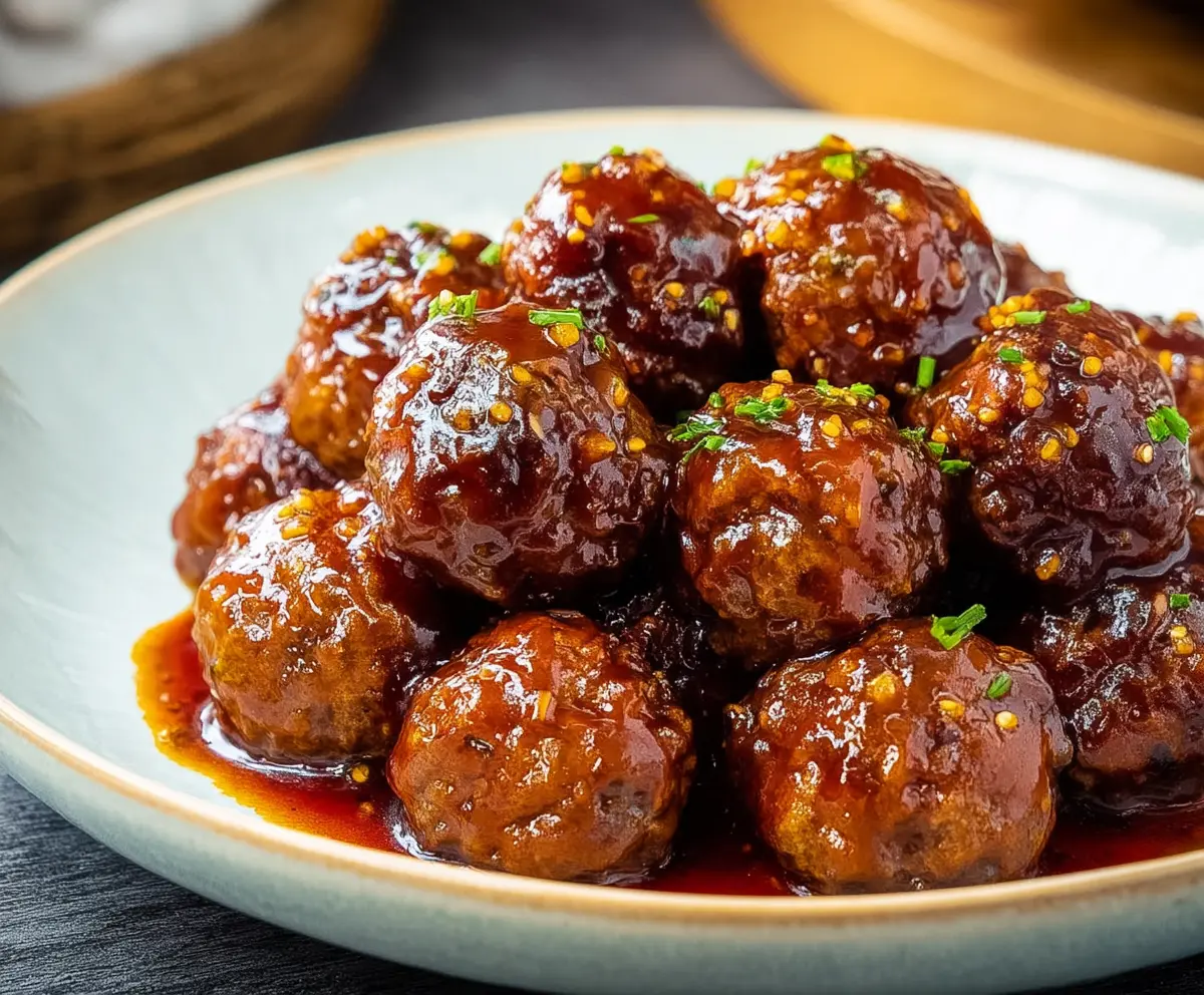 Delicious honey garlic meatballs served on a plate with fresh herbs