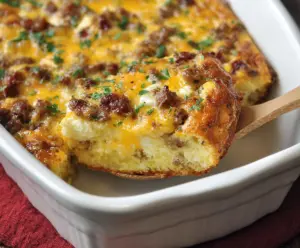 Delicious Ina Garten Breakfast Casserole with eggs, cheese, and breakfast meats in a baking dish.