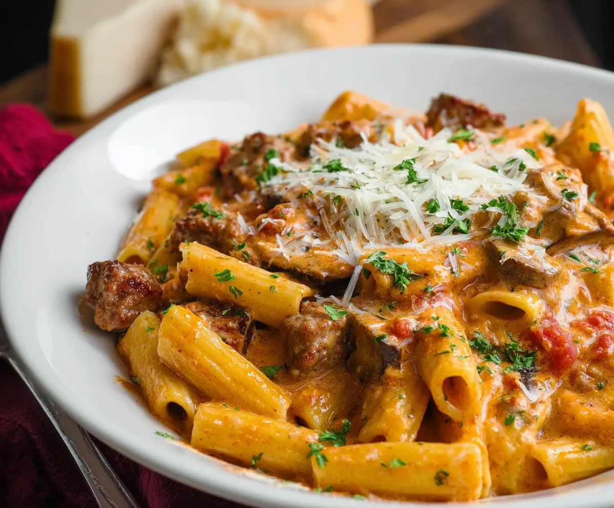 Delicious creamy sausage pasta cooked in an Instant Pot served in a bowl with herbs