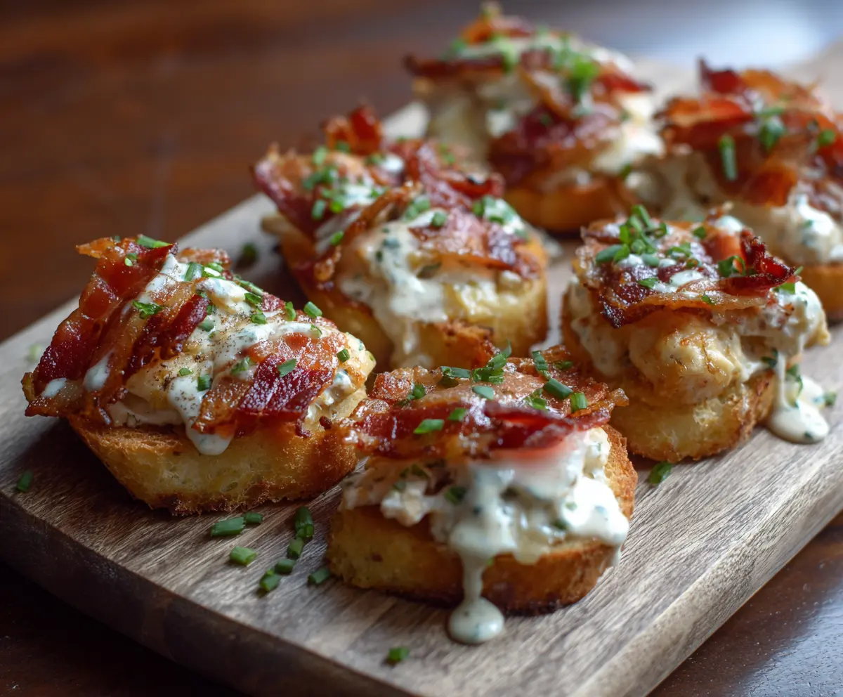 Delicious Kentucky Hot Brown Bites served with melted cheese and crispy bacon on a plate.