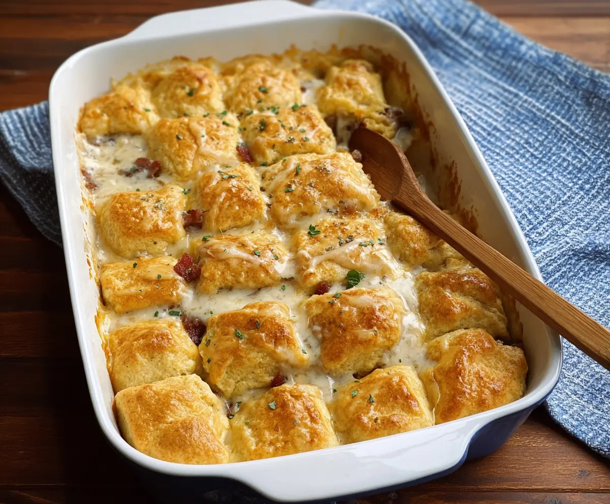 Delicious Lazy Biscuits Breakfast Casserole with eggs, cheese, and breakfast sausage in a baking dish.