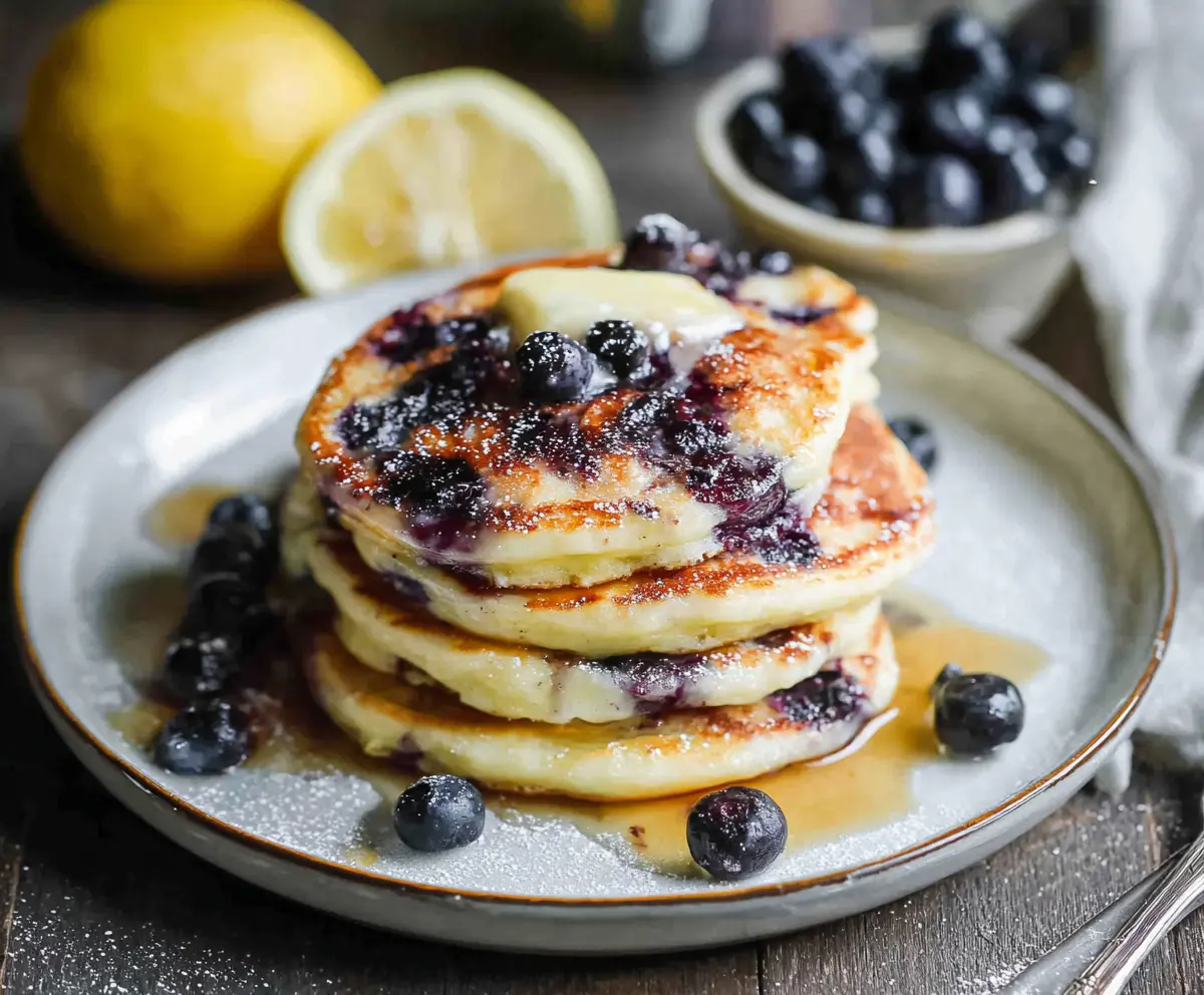 Delicious Lemon Blueberry Pancakes topped with fresh blueberries and a lemon slice