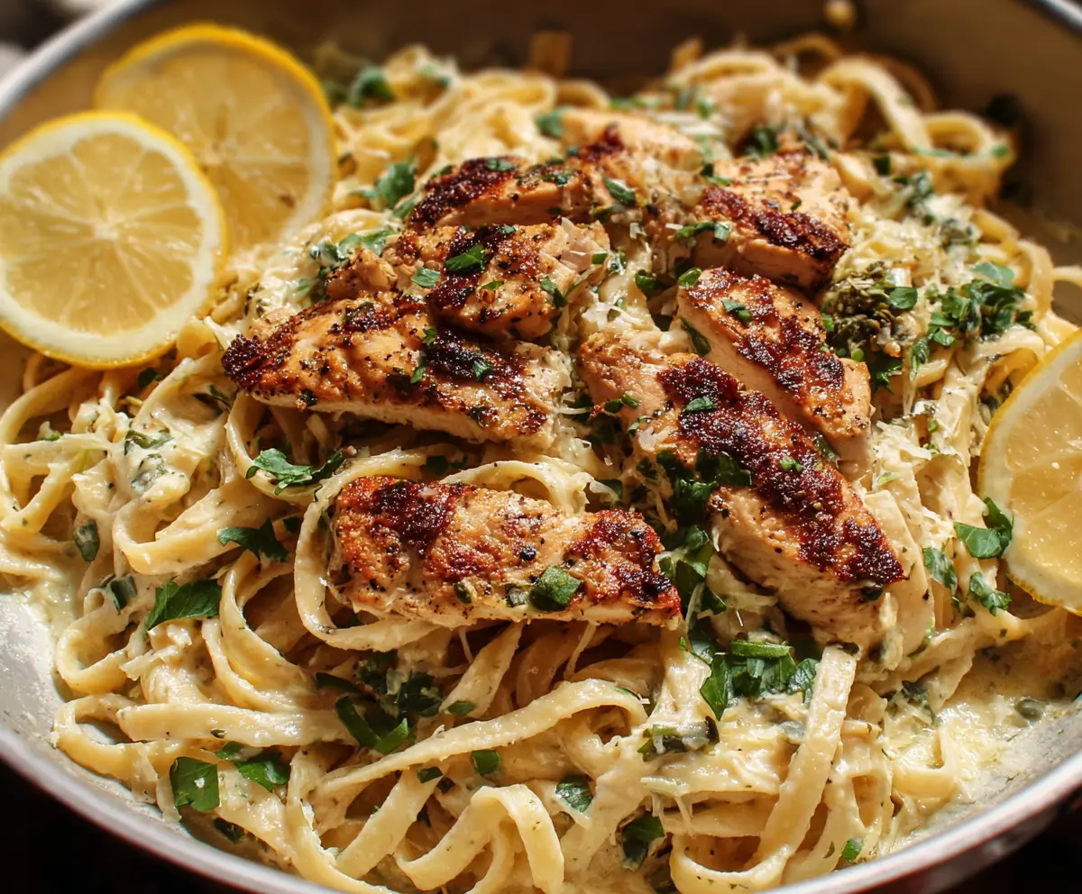 Delicious lemon chicken pasta served on a plate with fresh herbs and lemon slices.
