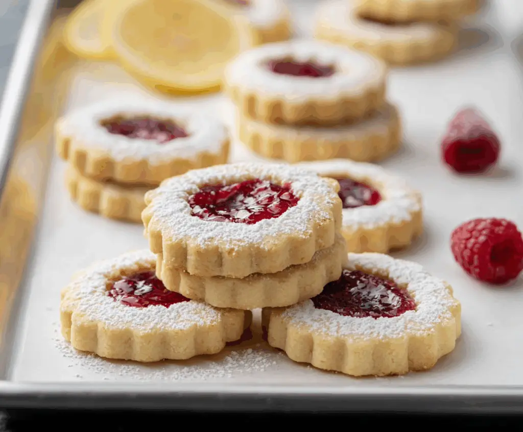 Delicious Lemon Raspberry Shortbread Cookies on a plate, showcasing a vibrant yellow and red color contrast.