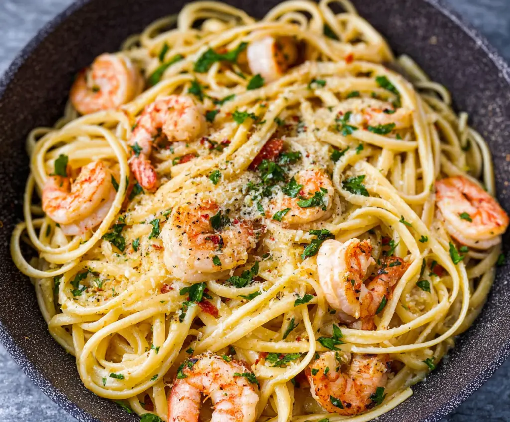 Delicious linguine shrimp scampi on a white plate garnished with parsley.