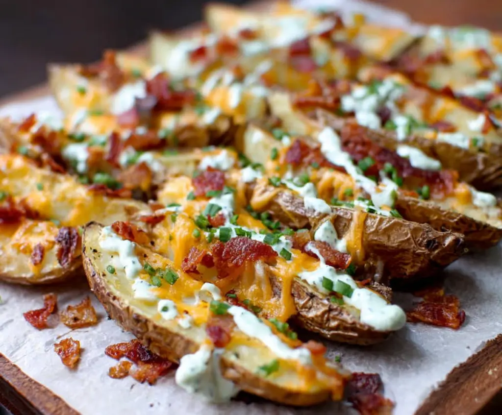Golden loaded baked potato wedges topped with cheese, bacon, and green onions on a white plate.