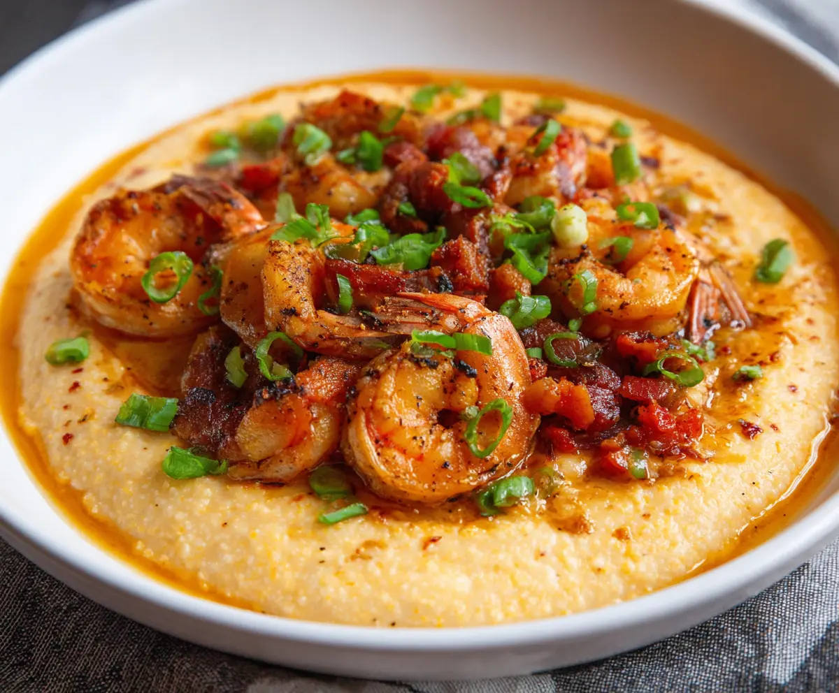 Delicious Louisiana Shrimp and Grits served on a plate with fresh herbs and lemon wedges