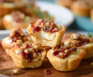 Delicious Maple Bacon Brie Bites served on a white plate, showcasing crispy bacon and melted brie cheese.