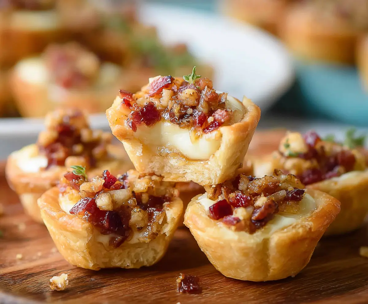 Delicious Maple Bacon Brie Bites served on a white plate, showcasing crispy bacon and melted brie cheese.