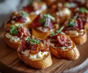 Crispy Million Dollar Bacon Crostini topped with melted cheese and herbs, served on a wooden platter.