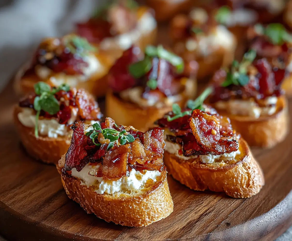 Crispy Million Dollar Bacon Crostini topped with melted cheese and herbs, served on a wooden platter.