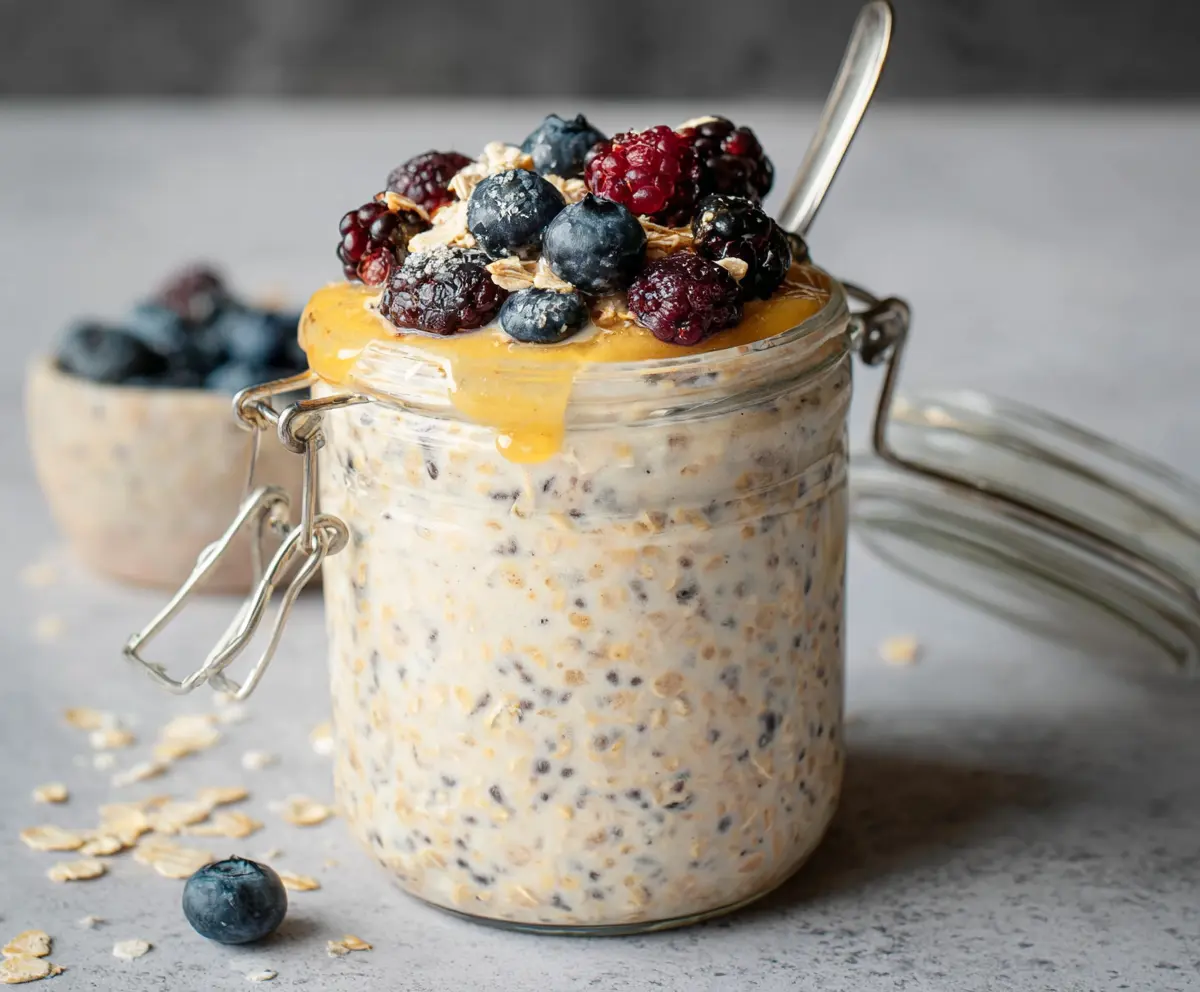 Creamy oat milk overnight oats in a glass jar topped with fresh fruits and chia seeds.