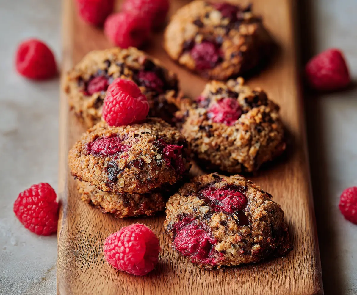 Delicious paleo raspberry cookies on a white plate, showcasing a healthy gluten-free dessert.