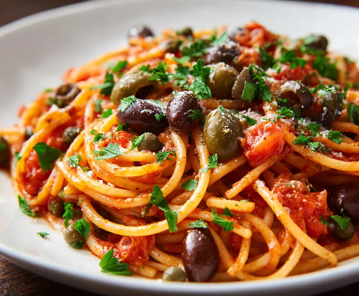 Delicious Pasta Puttanesca with tomatoes, olives, and capers served on a plate