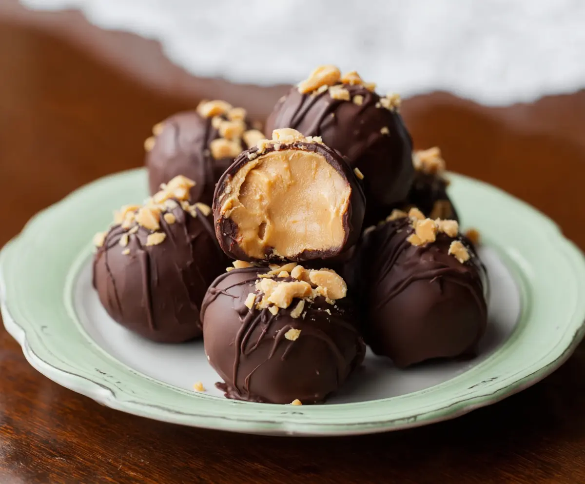 Delicious homemade peanut butter balls coated in chocolate on a white plate