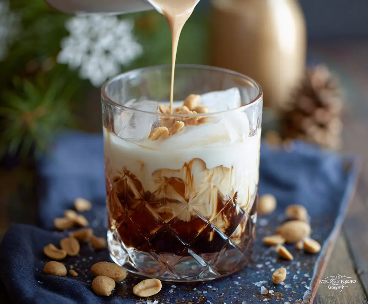 Festive Peanut Butter White Russian Christmas Cocktail with whipped cream and holiday garnishes.