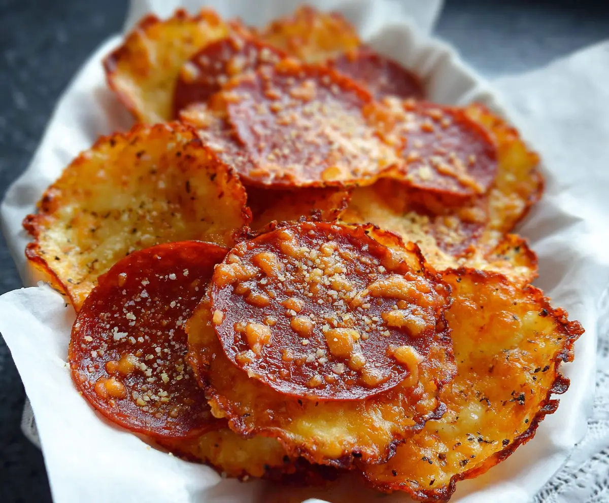 Crispy pepperoni and cheese chips, a tasty snack with melted cheese and spicy pepperoni slices.