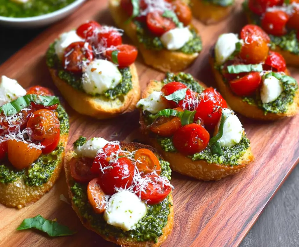Delicious Pesto Tomato Mozzarella Crostini served on a wooden platter, perfect for appetizers and parties.