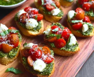 Delicious Pesto Tomato Mozzarella Crostini served on a wooden platter, perfect for appetizers and parties.