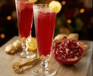 Refreshing Pomegranate Ginger Sparkler served in a tall glass with fresh pomegranate seeds and ginger slices.