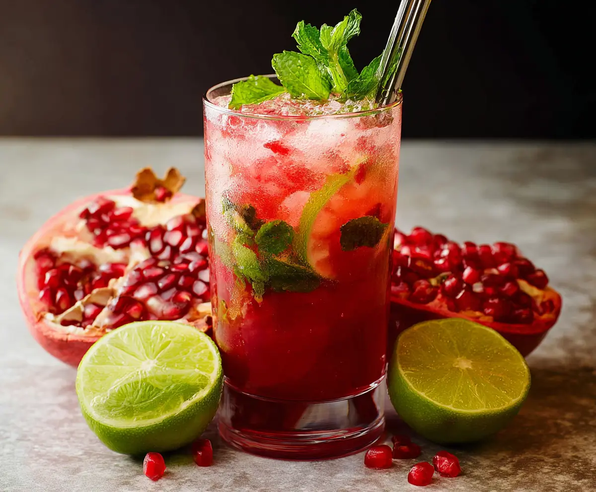 Refreshing Pomegranate Mojito cocktail garnished with mint leaves and fresh pomegranate seeds.