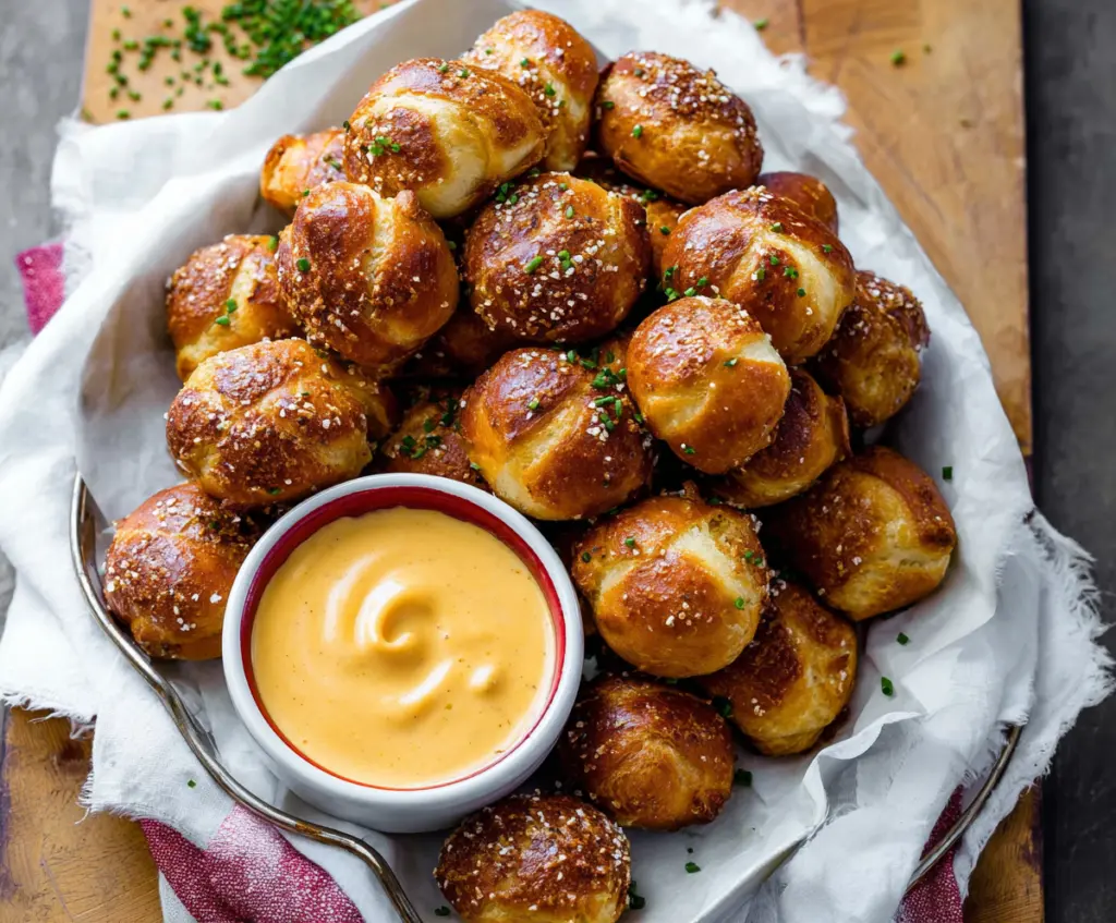 Golden pretzel bites served with a creamy cheddar cheese dip on a rustic platter