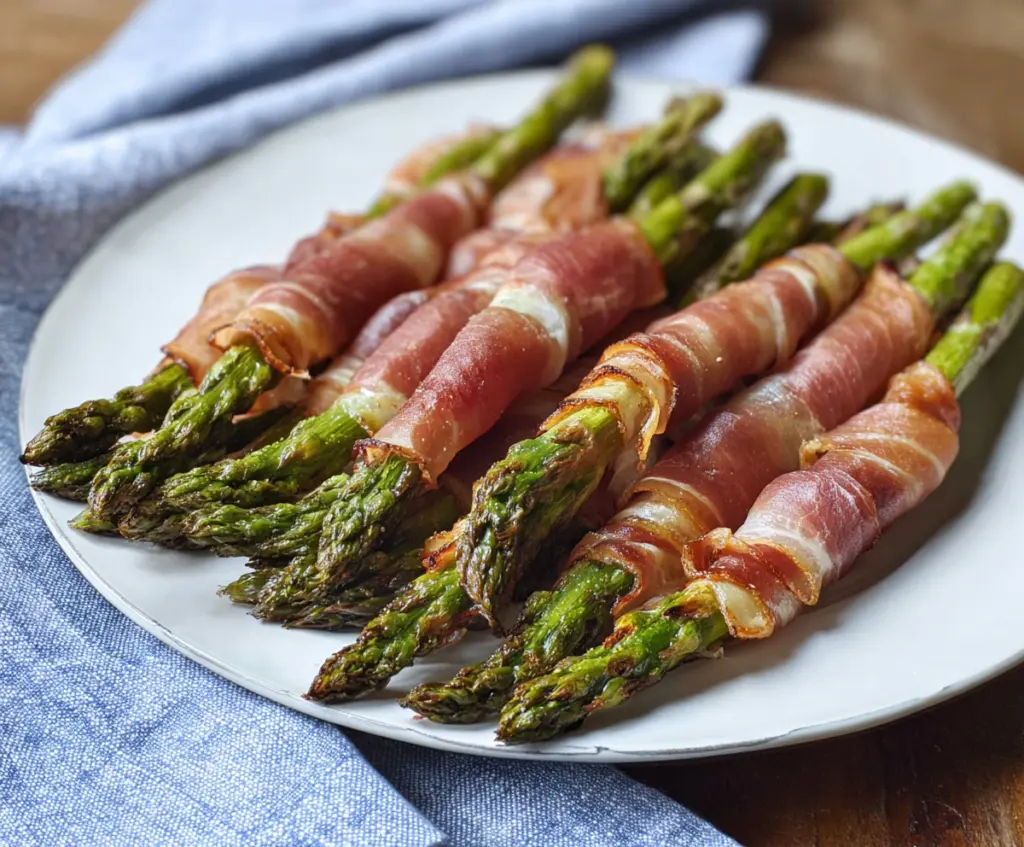 Delicious prosciutto wrapped asparagus appetizer on a white plate