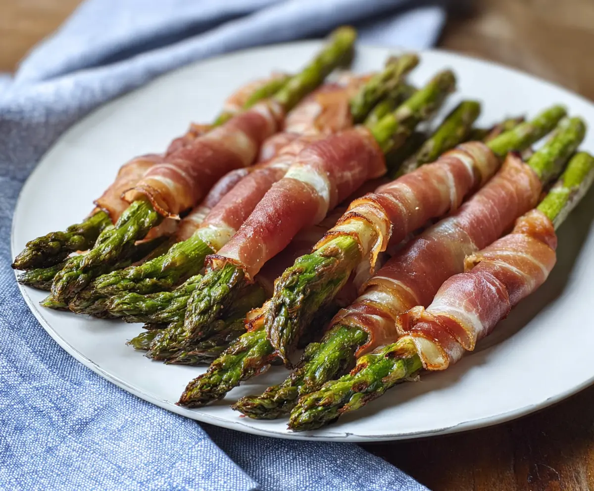 Delicious prosciutto wrapped asparagus appetizer on a white plate