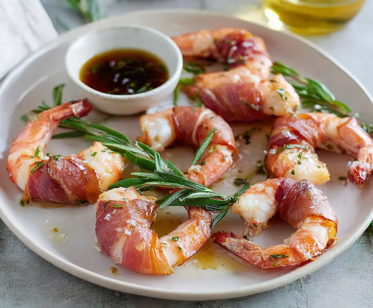 Delicious prosciutto-wrapped shrimp appetizer garnished with herbs on a white plate