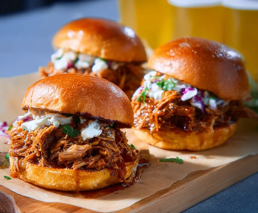 Delicious pulled pork sandwiches featuring tender, slow-cooked pork with smoky barbecue sauce served in toasted buns.