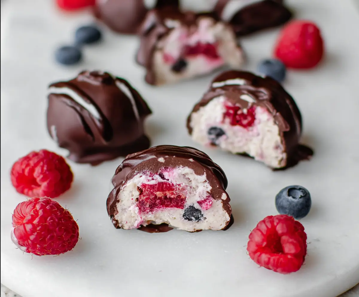 Delicious Raspberry Dark Chocolate Yogurt Bites in a bowl, perfect healthy snack treat